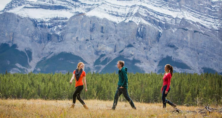 Three hikers walk in a meadow underneath a snow-covered mountain.