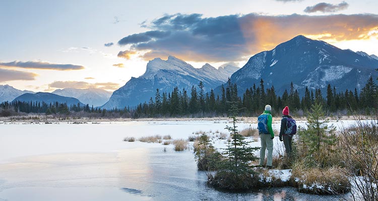 Two people stand in a wetland below mountains.