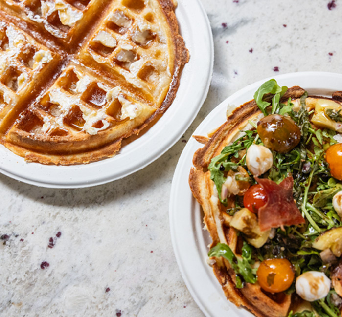 Top view of a sweet and a savoury waffle