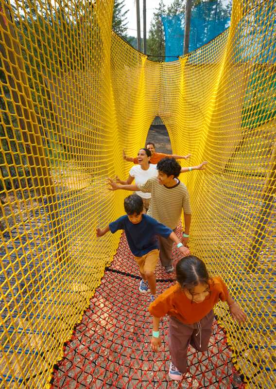 A group of people walk through a net park.