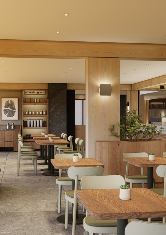 A rendering of the cafe interior for Aspen Grove.