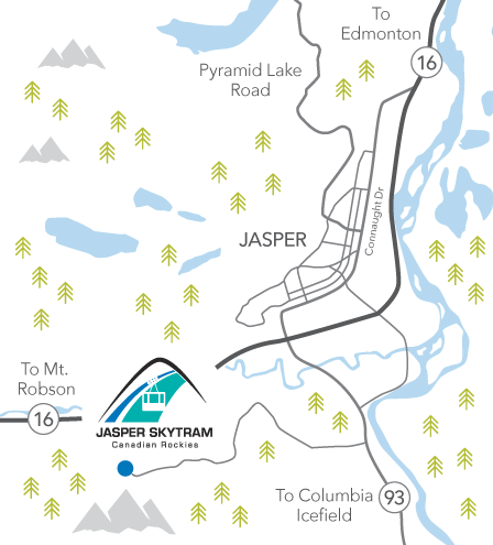 Map showing the location of the Jasper SkyTram near the Town of Jasper.