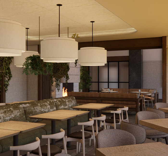 A rendering of the Boreal Restaurant interior, featuring dining tables and booths with large, round light fixtures above the tables.