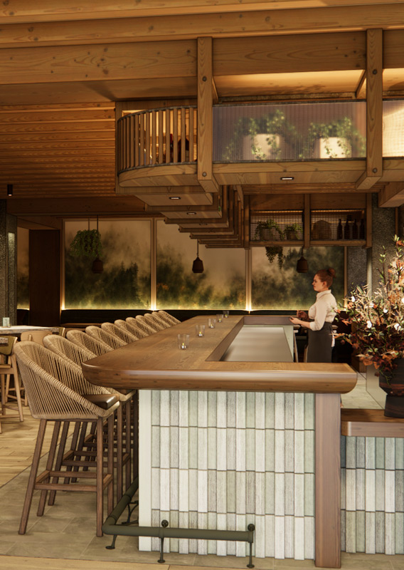 A rendering of the Boreal Restaurant's bar and seating area.