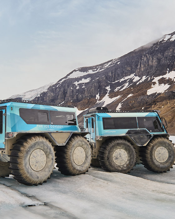 The Ice Odyssey vehicle parked on Athabasca Glacier at the Columbia Icefield.