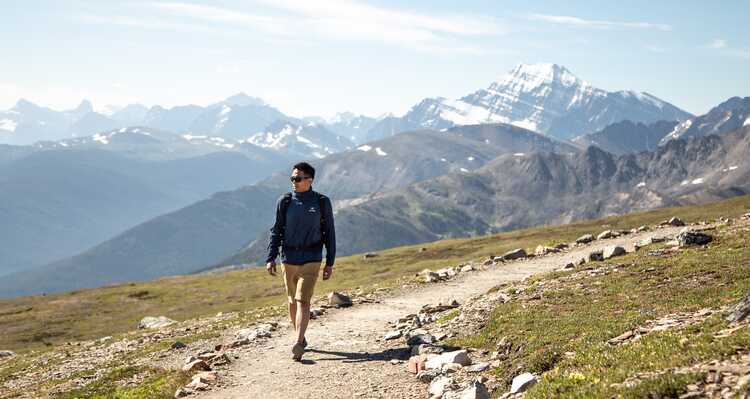 Hiker walking on a trail, looking at the mountain view