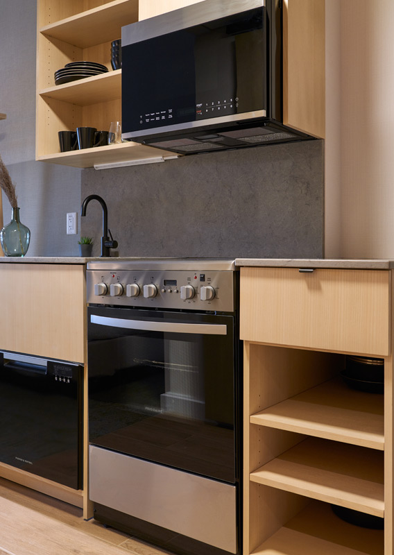 A hotel room kitchenette