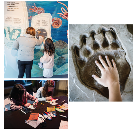 Photo collage of parents and kids exploring the Banff Gondola Interpretive Centre.