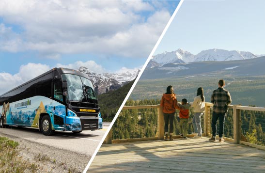 A split image showing a tour bus and a family at a viewpoint.