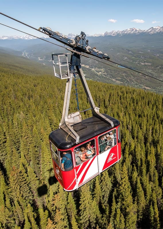 An aerial tramway ascends a mountainside, surrounded by forest scenery and mountain peaks. 