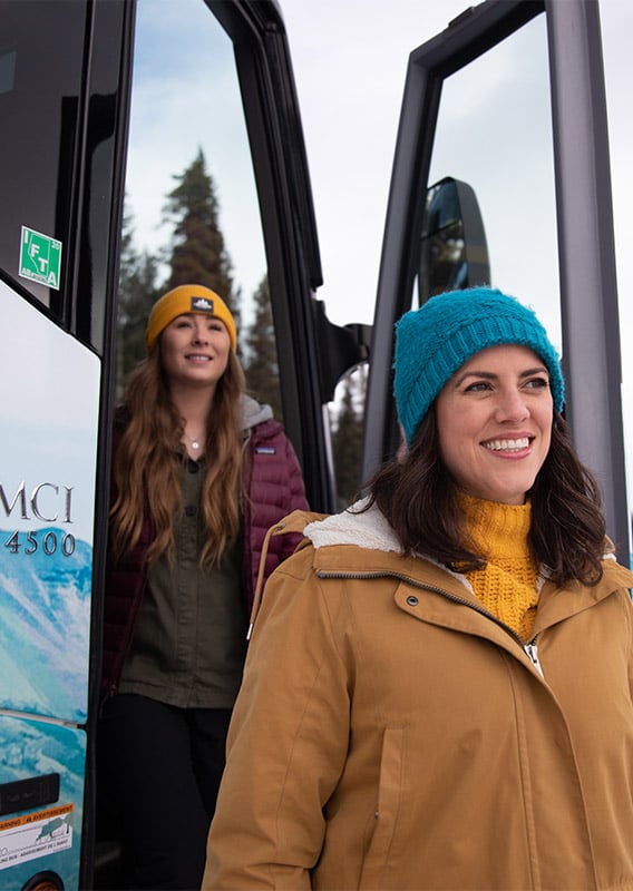 Brewster Express bus drives along a road in the winter